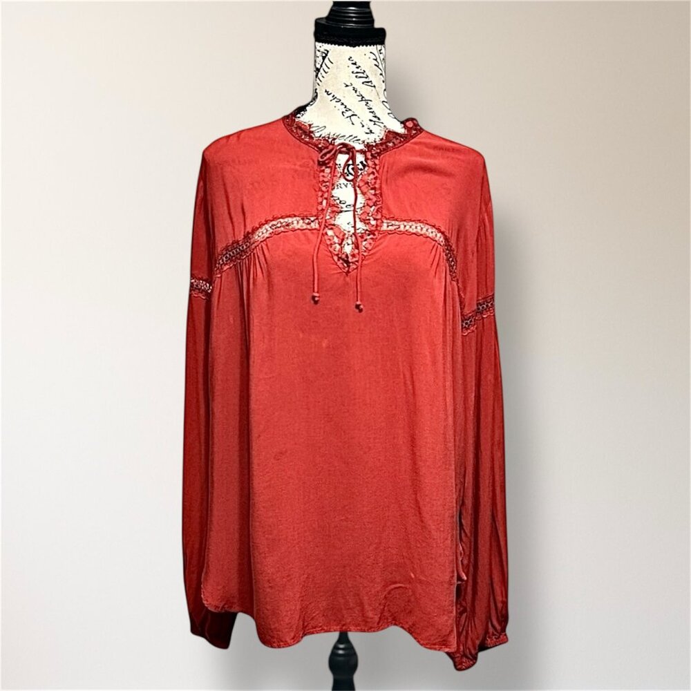 Express M Maroon Lace Up Crochet Trim Boho Peasant Blouse Long Sleeve‎ Festival